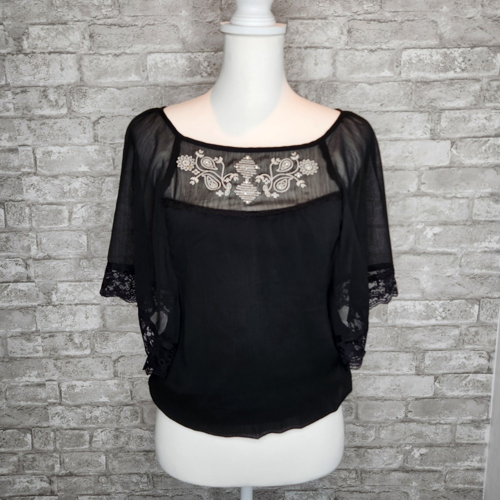 Speechless Top Black Embroidered Beaded Lace Flutter‎ Sleeve Whimsigoth Small